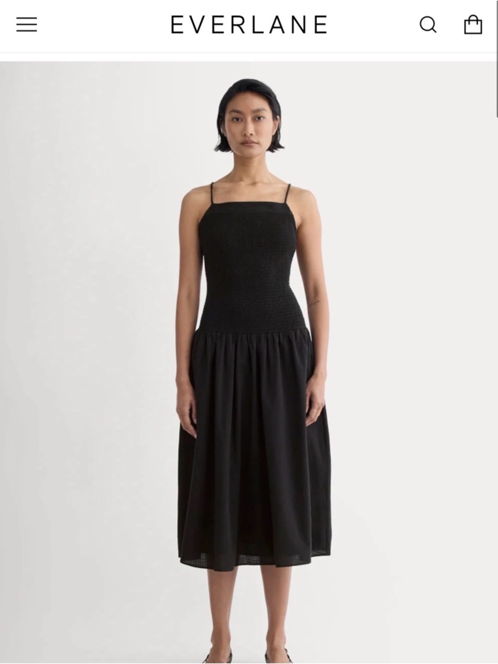 Everlane Black Smocked Midi Dress with Slim Straps